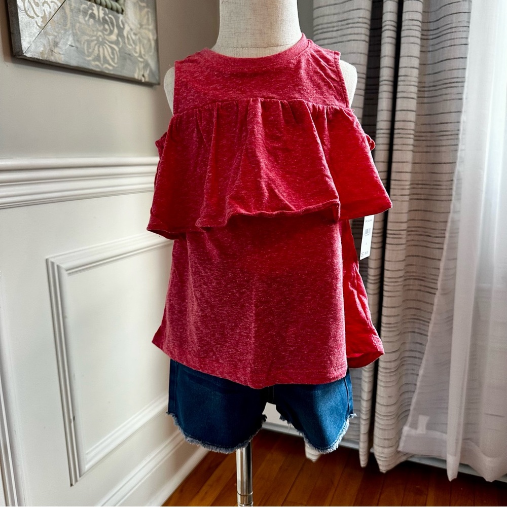 AG Adriano Goldschmied Kids Red Ruffle Tank Top With Jean Shorts